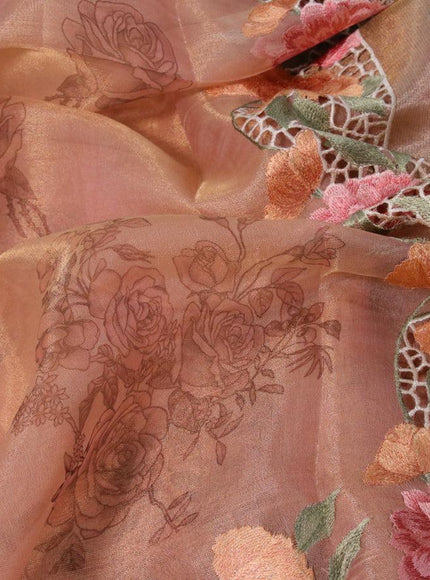 Tissue saree peach shade with floral digital prints and embroidery floral design cut work border