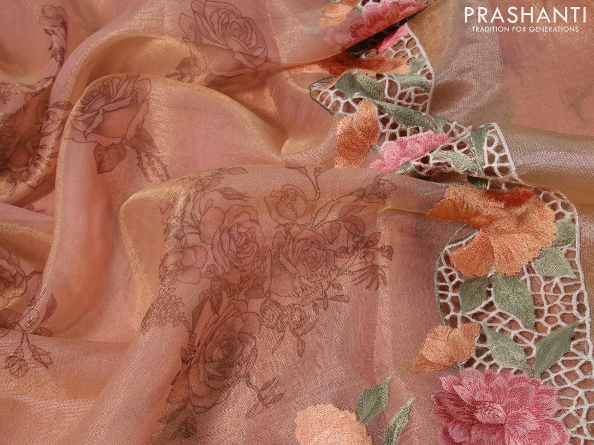 Tissue saree peach shade with floral digital prints and embroidery floral design cut work border