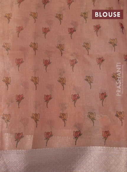 Tissue saree peach shade with floral digital prints and embroidery floral design cut work border