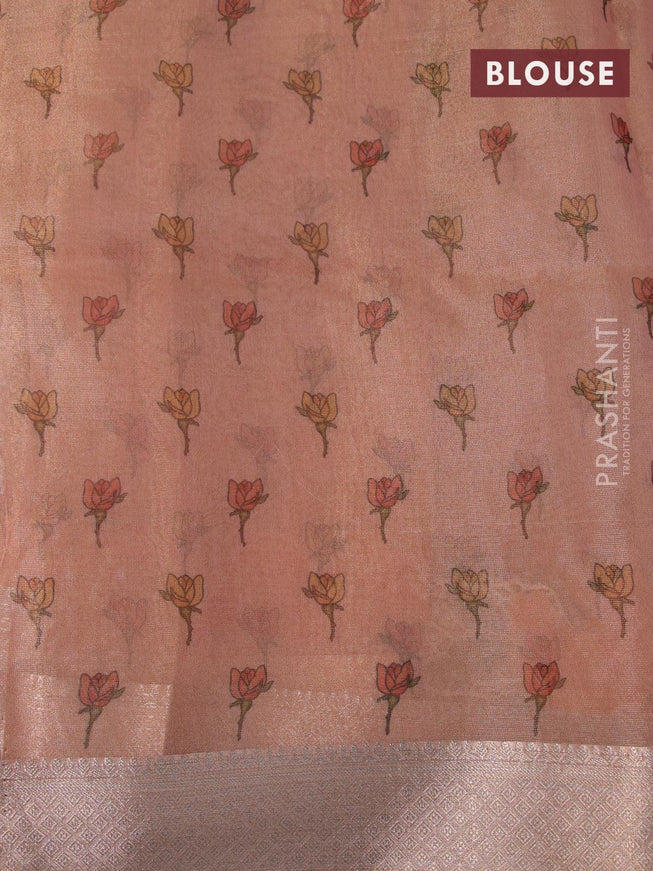 Tissue saree peach shade with floral digital prints and embroidery floral design cut work border