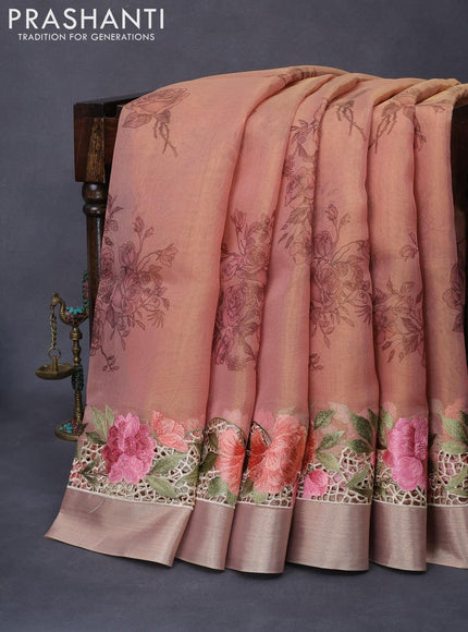 Tissue saree peach shade with floral digital prints and embroidery floral design cut work border