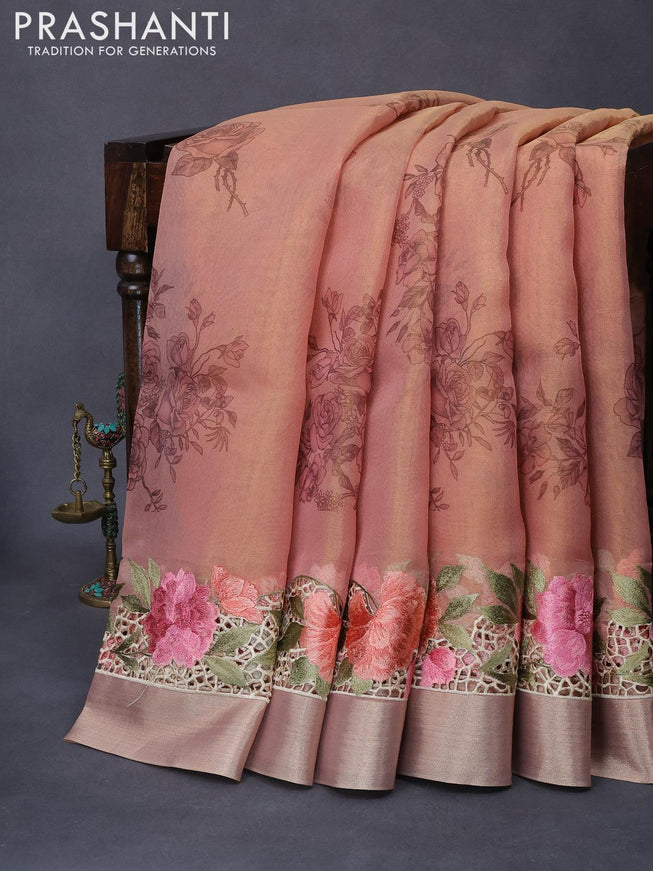 Tissue saree peach shade with floral digital prints and embroidery floral design cut work border