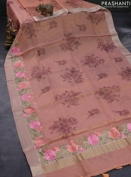 Tissue saree peach shade with floral digital prints and embroidery floral design cut work border