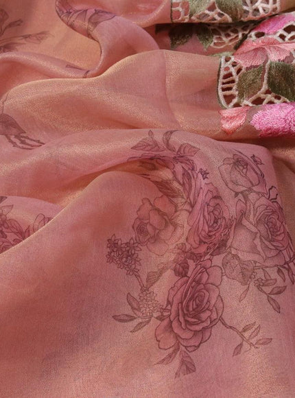 Tissue saree peach shade with floral digital prints and embroidery floral design cut work border