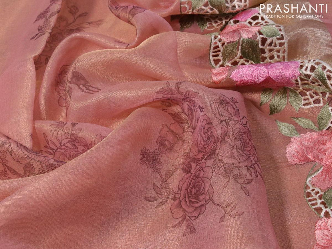 Tissue saree peach shade with floral digital prints and embroidery floral design cut work border