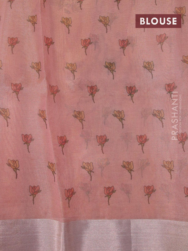 Tissue saree peach shade with floral digital prints and embroidery floral design cut work border