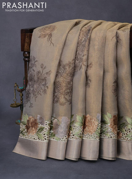 Tissue saree beige with floral digital prints and embroidery floral design cut work border