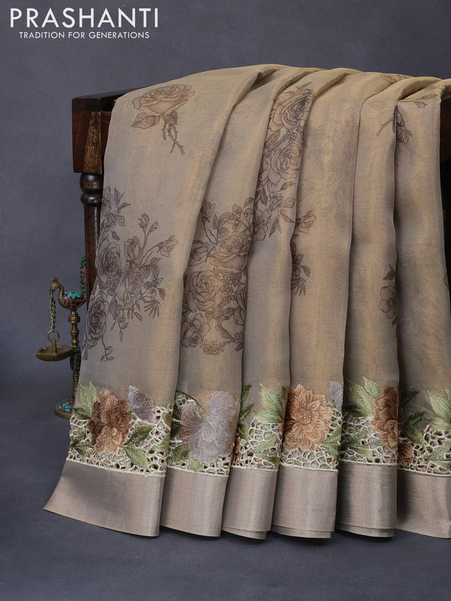 Tissue saree beige with floral digital prints and embroidery floral design cut work border