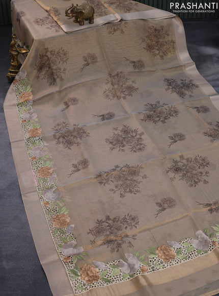 Tissue saree beige with floral digital prints and embroidery floral design cut work border