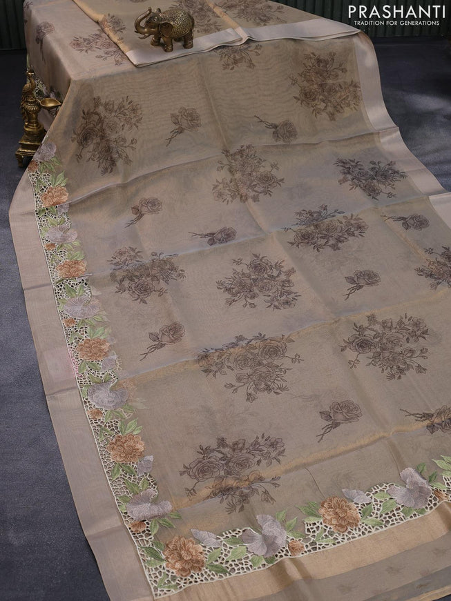 Tissue saree beige with floral digital prints and embroidery floral design cut work border