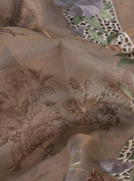 Tissue saree beige with floral digital prints and embroidery floral design cut work border