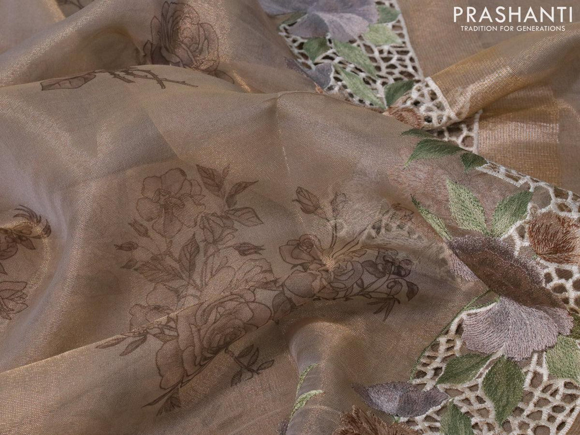 Tissue saree beige with floral digital prints and embroidery floral design cut work border