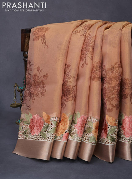 Tissue saree peach shade with floral digital prints and embroidery floral design cut work border