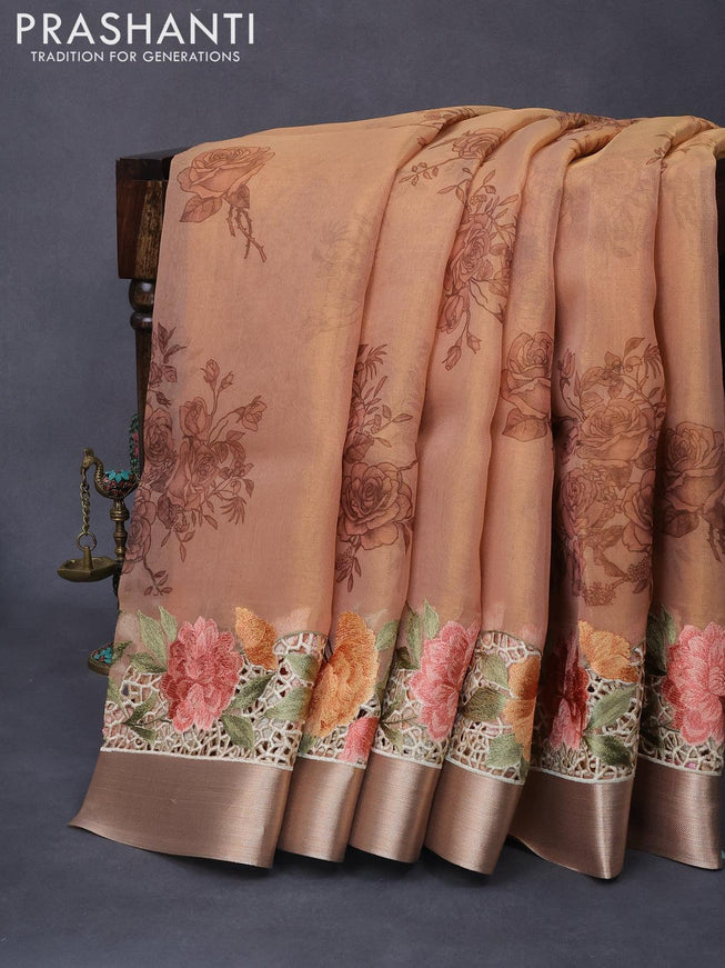 Tissue saree peach shade with floral digital prints and embroidery floral design cut work border