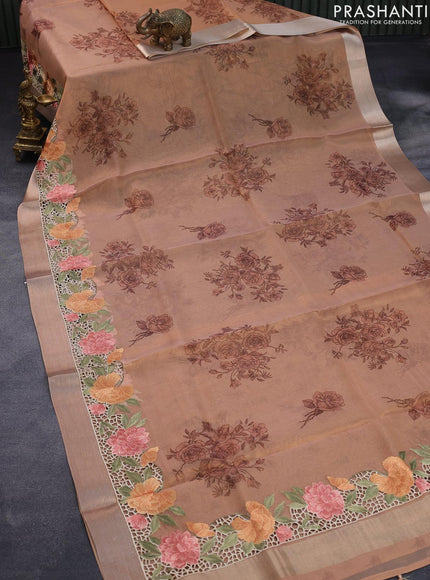 Tissue saree peach shade with floral digital prints and embroidery floral design cut work border