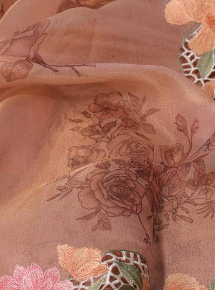 Tissue saree peach shade with floral digital prints and embroidery floral design cut work border