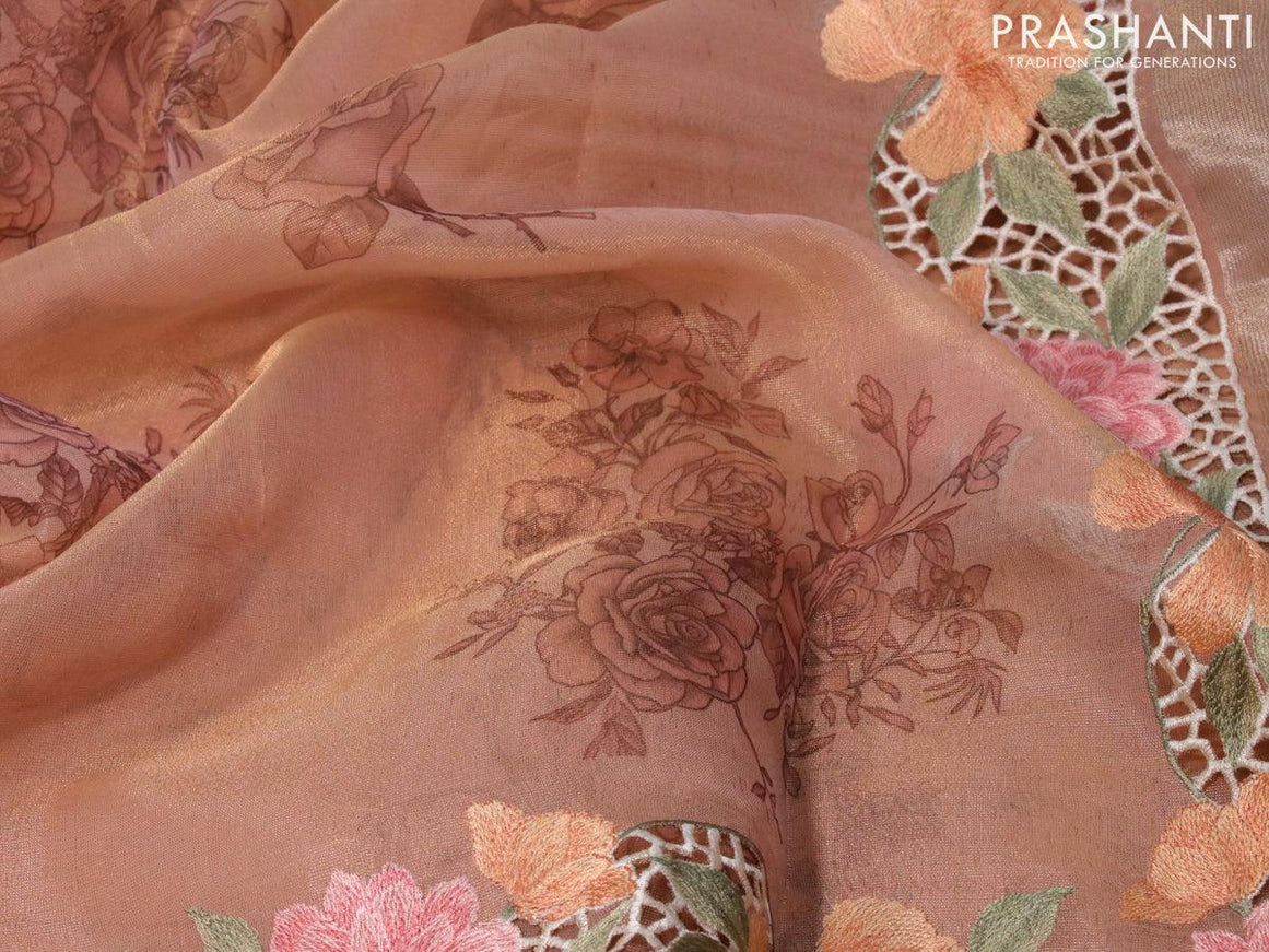 Tissue saree peach shade with floral digital prints and embroidery floral design cut work border