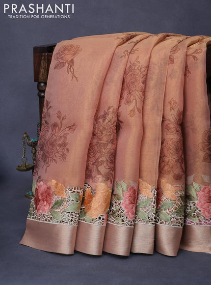 Tissue saree peach shade with floral digital prints and embroidery floral design cut work border