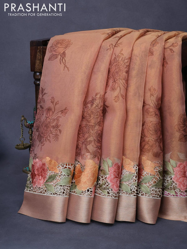 Tissue saree peach shade with floral digital prints and embroidery floral design cut work border