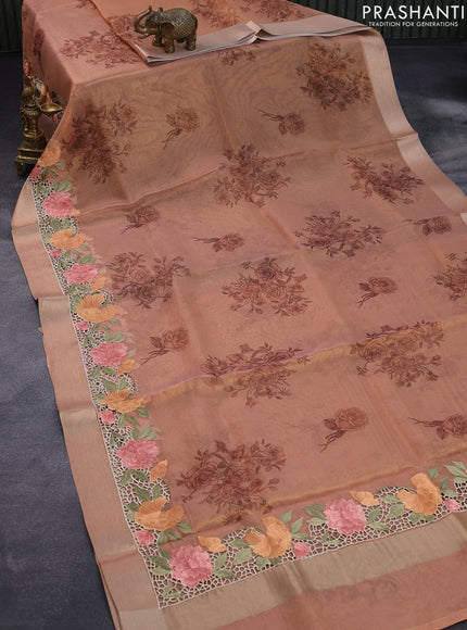 Tissue saree peach shade with floral digital prints and embroidery floral design cut work border