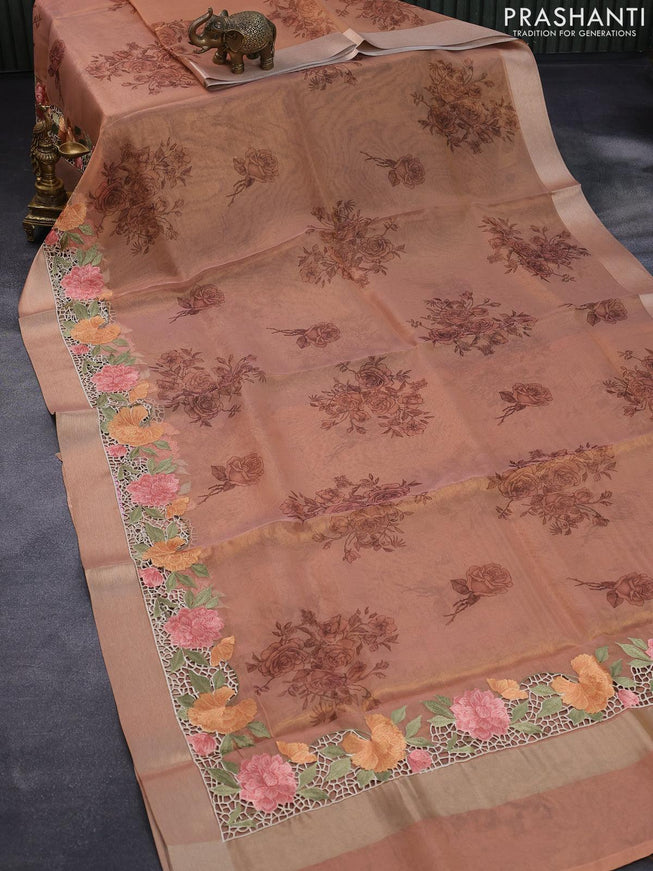 Tissue saree peach shade with floral digital prints and embroidery floral design cut work border