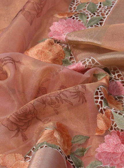 Tissue saree peach shade with floral digital prints and embroidery floral design cut work border