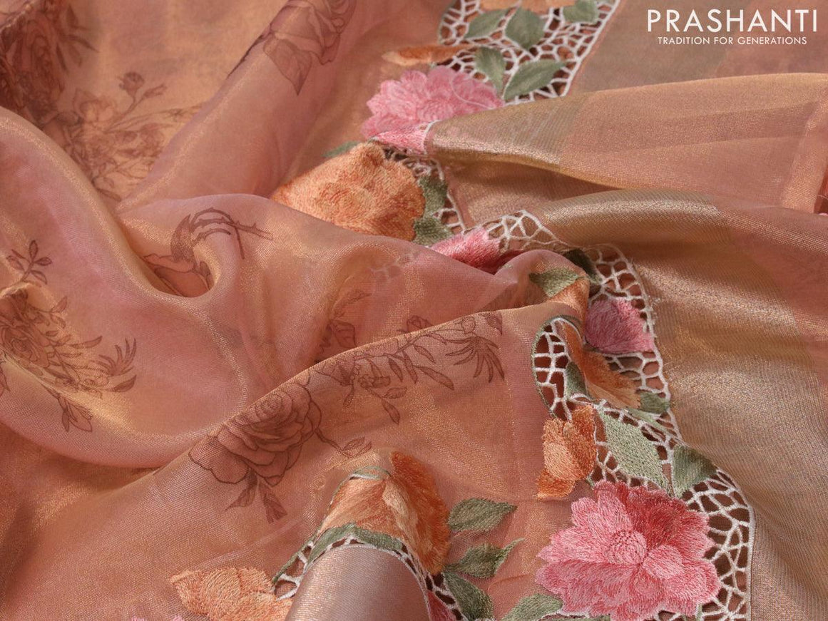 Tissue saree peach shade with floral digital prints and embroidery floral design cut work border