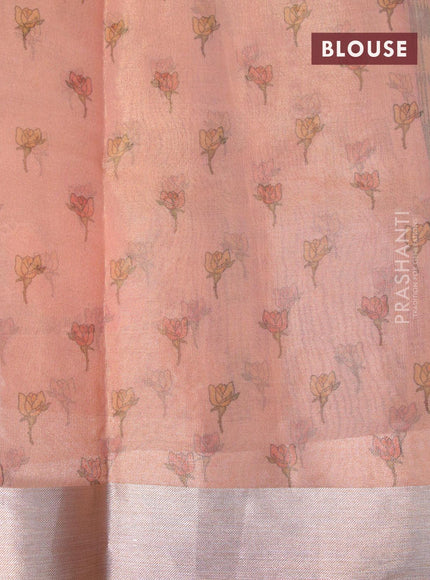 Tissue saree peach shade with floral digital prints and embroidery floral design cut work border