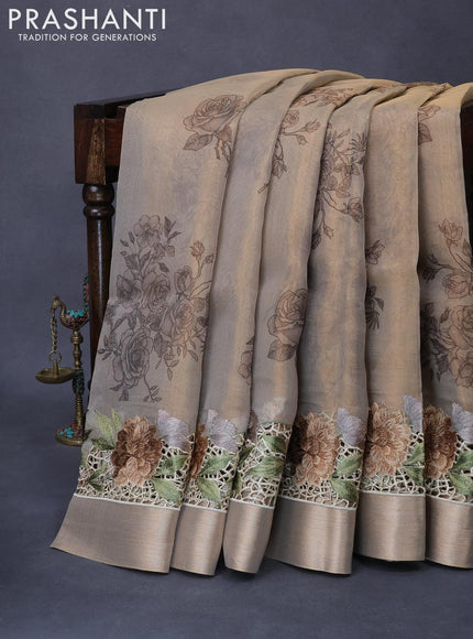 Tissue saree beige with floral digital prints and embroidery floral design cut work border