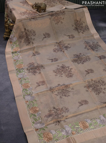 Tissue saree beige with floral digital prints and embroidery floral design cut work border