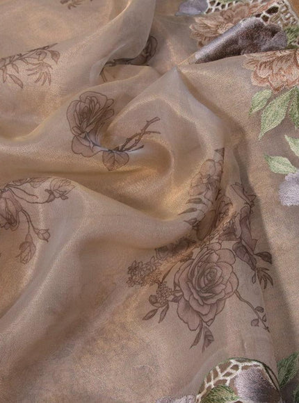 Tissue saree beige with floral digital prints and embroidery floral design cut work border