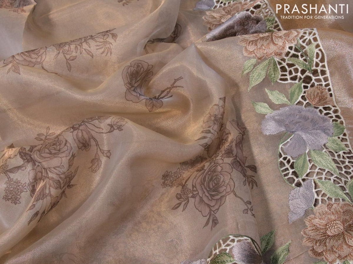 Tissue saree beige with floral digital prints and embroidery floral design cut work border