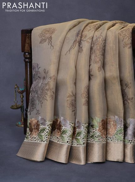 Tissue saree beige with floral digital prints and embroidery floral design cut work border