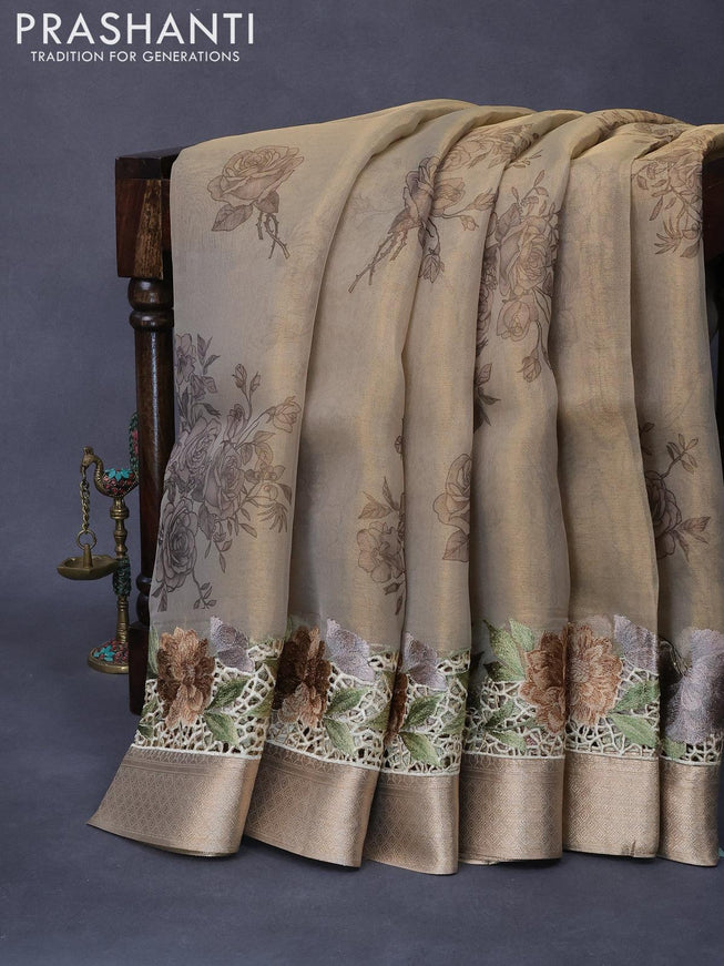 Tissue saree beige with floral digital prints and embroidery floral design cut work border