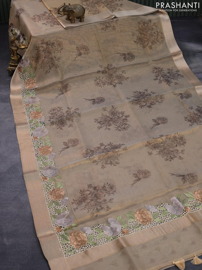 Tissue saree beige with floral digital prints and embroidery floral design cut work border