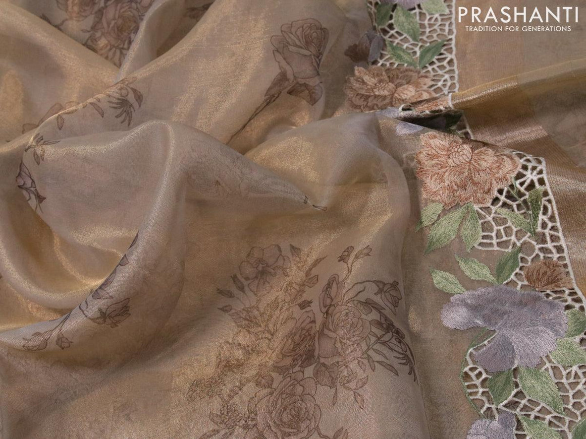 Tissue saree beige with floral digital prints and embroidery floral design cut work border