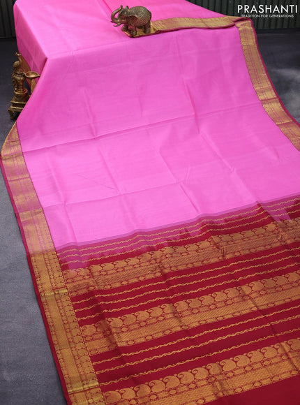 Silk cotton saree candy pink and maroon with plain body and paisley zari woven border