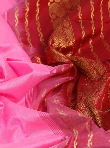 Silk cotton saree candy pink and maroon with plain body and paisley zari woven border