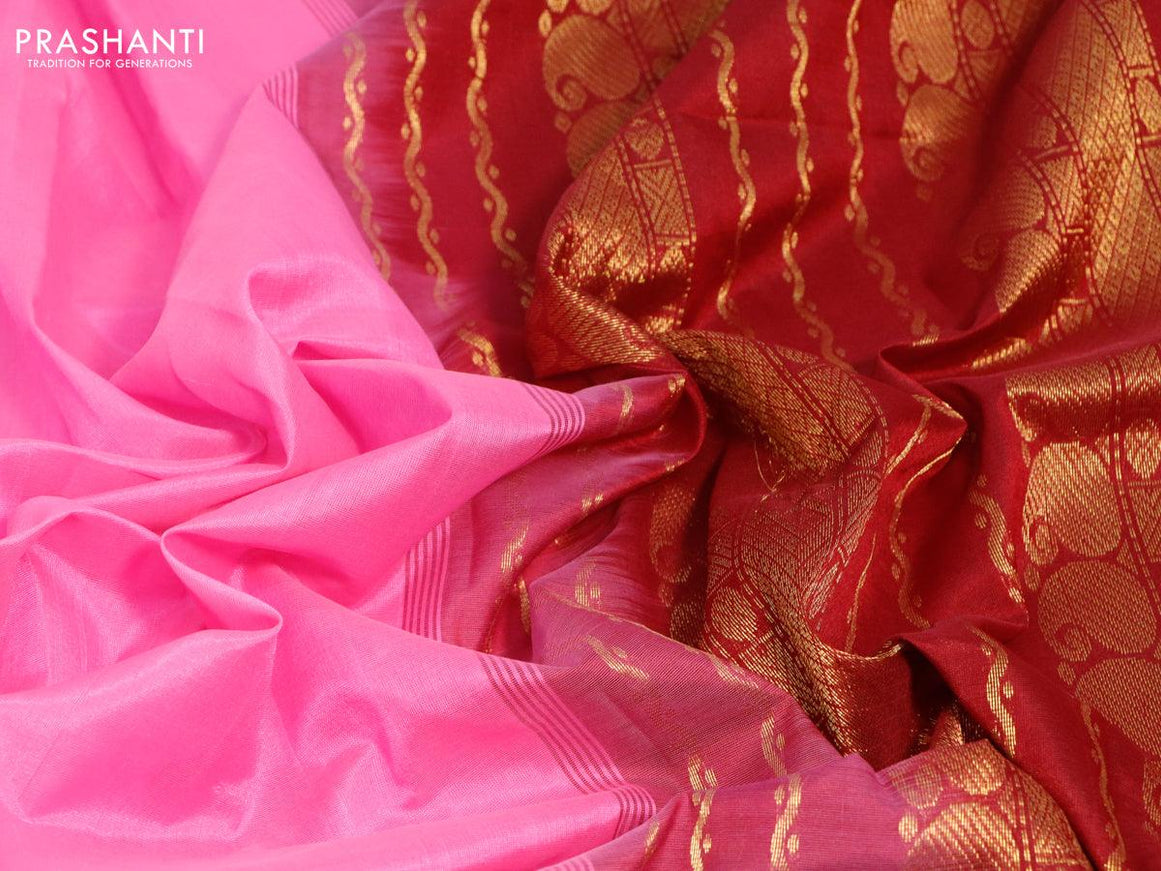 Silk cotton saree candy pink and maroon with plain body and paisley zari woven border