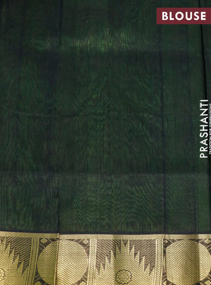 Silk cotton saree light green and black with plain body and temple & rudhraksha zari woven border