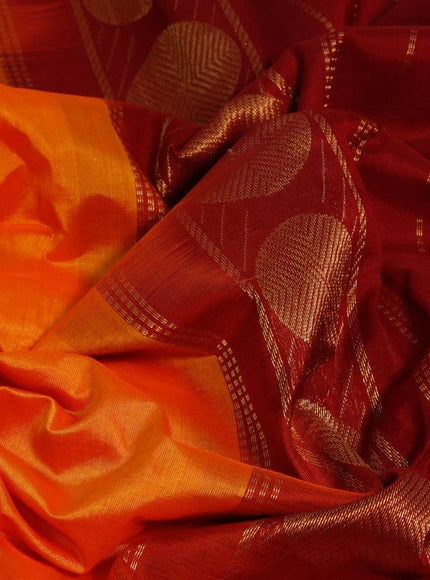 Silk cotton saree orange and maroon with plain body and temple & rudhraksha zari woven border