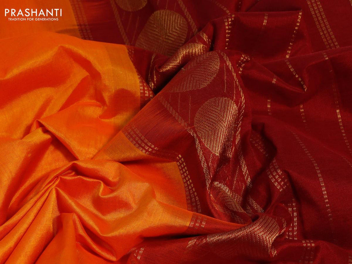 Silk cotton saree orange and maroon with plain body and temple & rudhraksha zari woven border