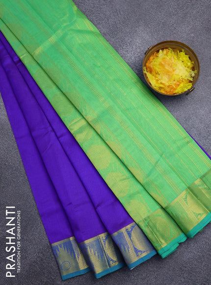 Silk cotton saree blue and dual shade of green with plain body and temple & rudhraksha zari woven border