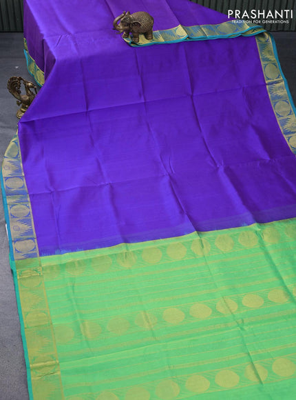 Silk cotton saree blue and dual shade of green with plain body and temple & rudhraksha zari woven border