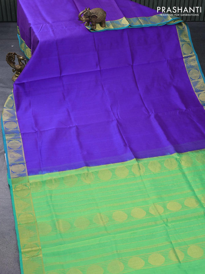 Silk cotton saree blue and dual shade of green with plain body and temple & rudhraksha zari woven border