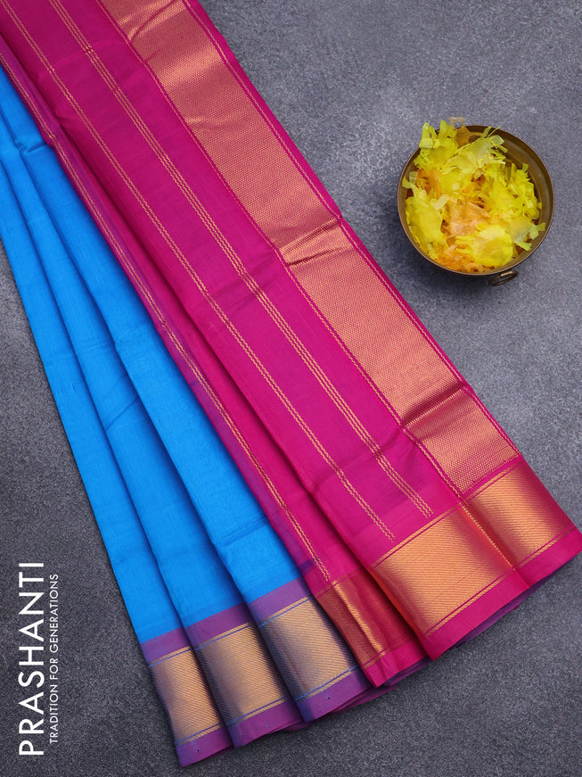 Silk cotton saree cs blue and pink with plain body and zari woven border