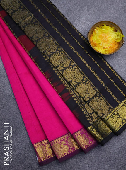 Silk cotton saree pink and black with plain body and annam zari woven border