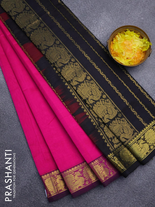 Silk cotton saree pink and black with plain body and annam zari woven border