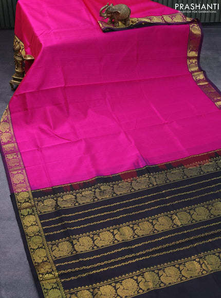 Silk cotton saree pink and black with plain body and annam zari woven border