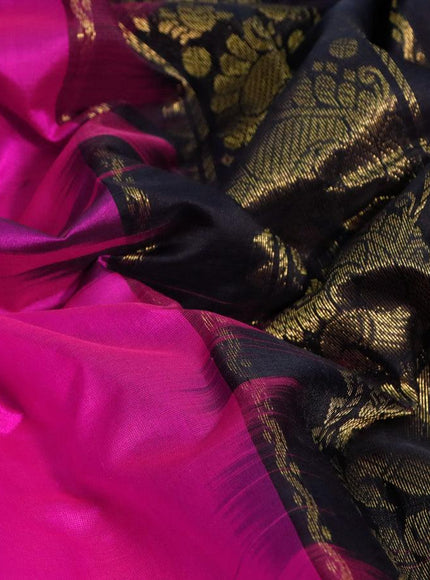 Silk cotton saree pink and black with plain body and annam zari woven border